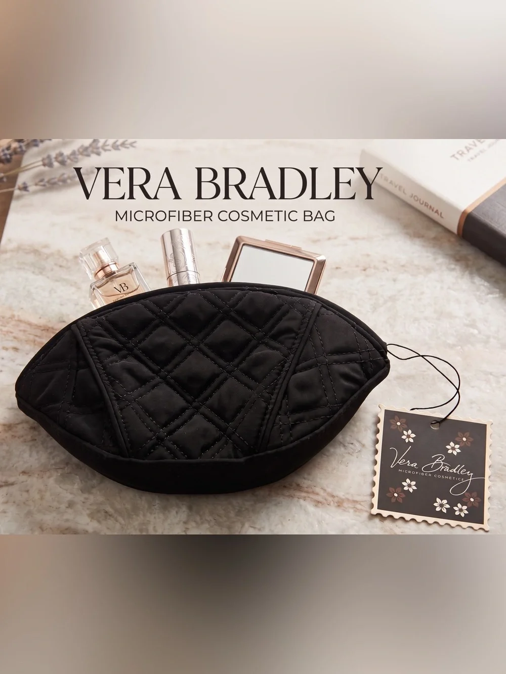 Vera Bradley Crescent Cosmetic Bag Pouch Black Quilted Floral Interior NWT